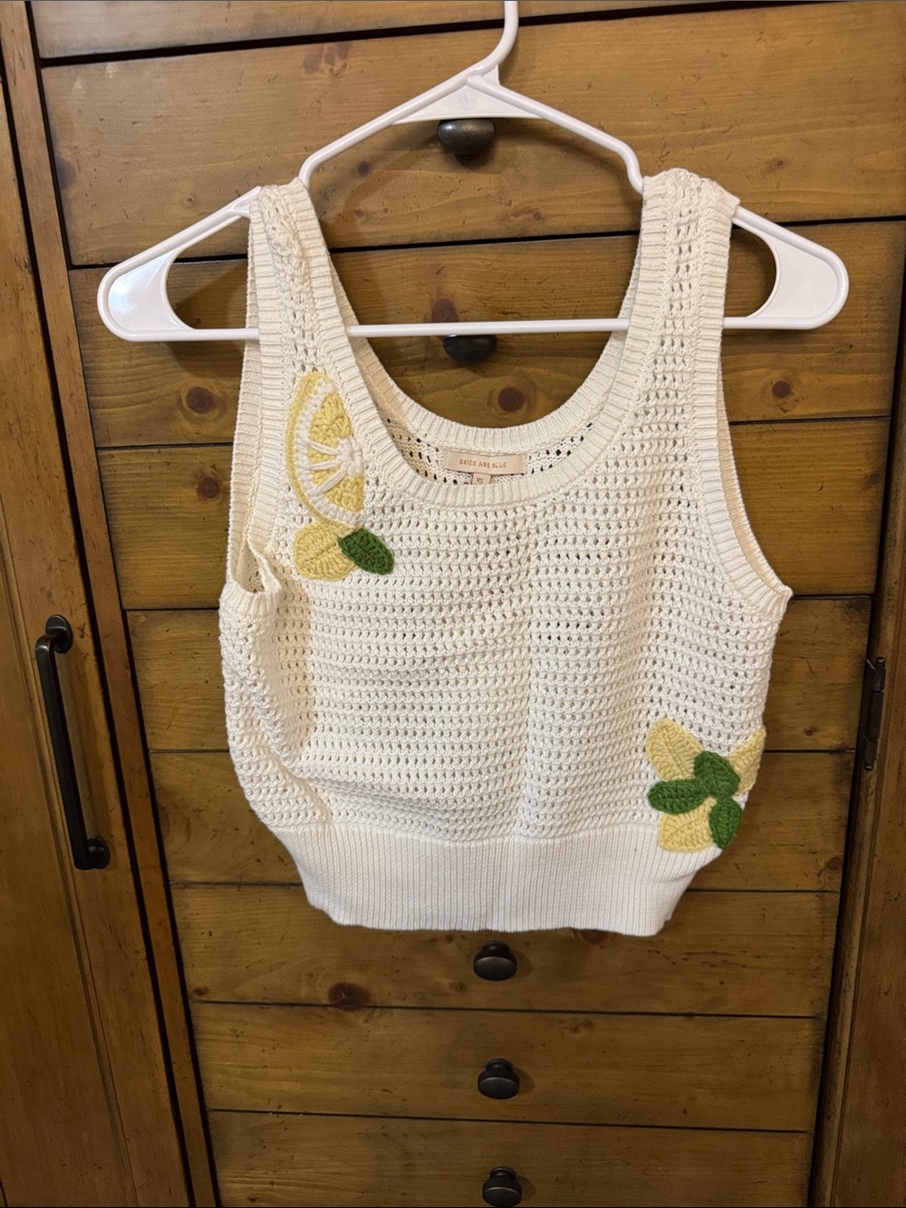 Skies Are Blue Cream Crochet Tank with Yellow & Green Lemon Appliqués